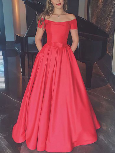 A-line Off-the-shoulder Satin Floor-length Sashes / Ribbons Prom Dresses #Milly020102879