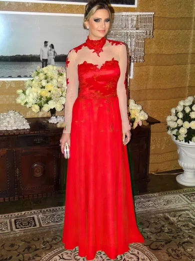 A-line High Neck Chiffon Floor-length Appliques Lace Prom Dresses #Milly020102880