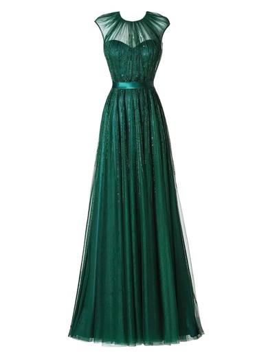 A-line Scoop Neck Tulle Floor-length Beading Prom Dresses #Milly020102882