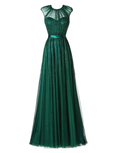 Ball Gown Illusion Floor-length Tulle Prom Dresses With Beading #Milly020102882