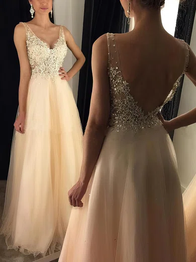 Ball Gown V-neck Floor-length Tulle Prom Dresses With Appliques #Milly020102889