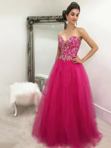 A-line V-neck Tulle Floor-length Beading Prom Dresses #Milly020102892