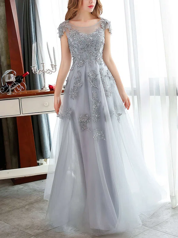 A-line Scoop Neck Tulle Floor-length Appliques Lace Prom Dresses #Milly020102900