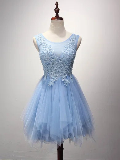 A-line Scoop Neck Tulle Prom Dresses With Appliques #Milly020102909
