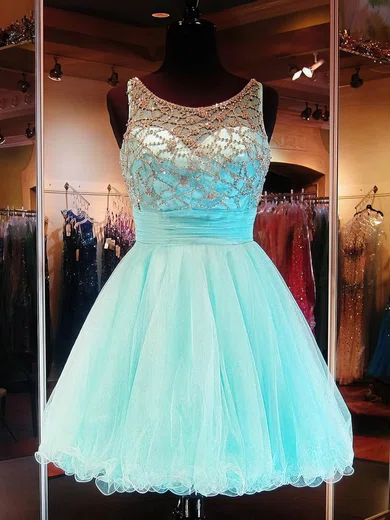 A-line Scoop Neck Tulle Cut Out Prom Dresses With Beading #Milly020102911