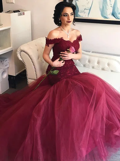 Appliques Tulle Trumpet Mermaid Off The Shoulder Prom Dress With Bow Appliques Tulle Trumpet Mermaid Off The Shoulder Prom Dress With Bow