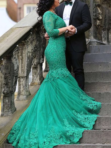 Trumpet/Mermaid V-neck Tulle Court Train Appliques Lace Prom Dresses #Milly020102918
