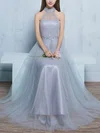 A-line High Neck Tulle Floor-length Appliques Lace Prom Dresses #Milly020102925