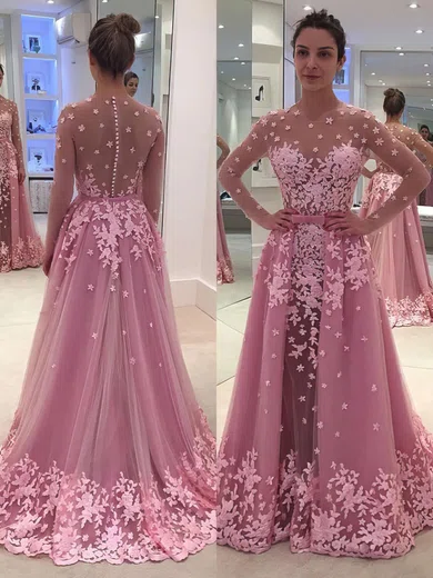 A-line Scoop Neck Tulle Detachable Appliques Lace Prom Dresses #Milly020102927