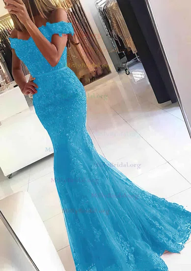 Tulle Sequin Blue Off The Shoulder Trumpet Mermaid Prom Dress