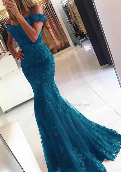Appliques Tulle Trumpet Mermaid Off The Shoulder Prom Dress With Bow Appliques Tulle Trumpet Mermaid Off The Shoulder Prom Dress With Bow