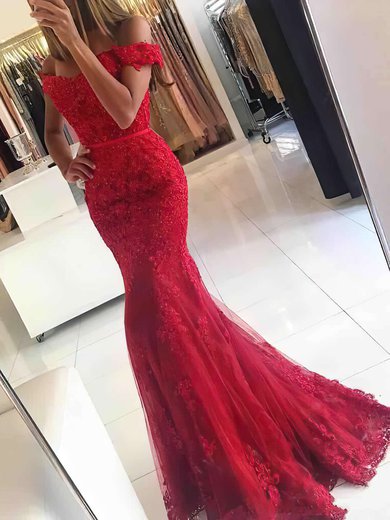 Trumpet/Mermaid Floor-length Off-the-shoulder Tulle Appliques Lace Prom Dresses #Milly020102938