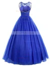 Online Ball Gown Scoop Neck Lace Tulle Floor-length Beading Royal Blue Open Back Prom Dresses #Milly020102948