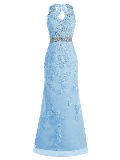 Famous Sheath/Column V-neck Tulle Floor-length Beading Blue Open Back Prom Dresses #Milly020102950