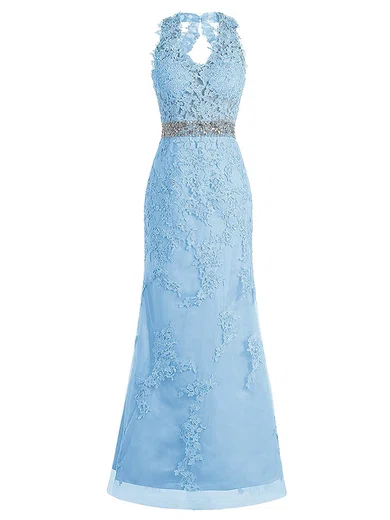 Sheath/Column V-neck Tulle Modest Dresses With Appliques #Milly020102950