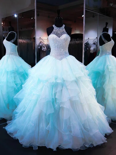 Ball Gown Illusion Tulle Ruffle Tiered Prom Dresses With Beading #Milly02072536