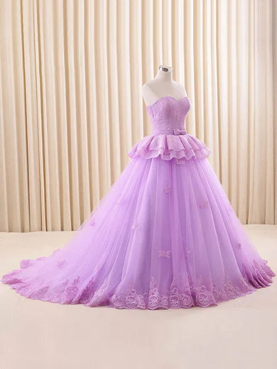 Ball Gown Strapless Lace Tulle Prom Dresses With Appliques #Milly02072537