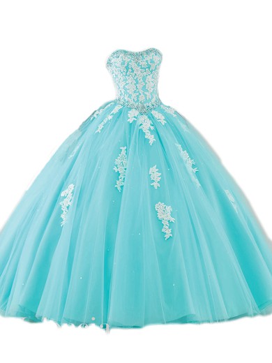 Ball Gown Strapless Tulle Sweep Train Appliques Lace Elegant Quinceanera Dresses #Milly02072538