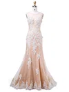 Trumpet/Mermaid Scoop Neck Tulle Sweep Train Appliques Lace Prom Dresses #Milly020102968