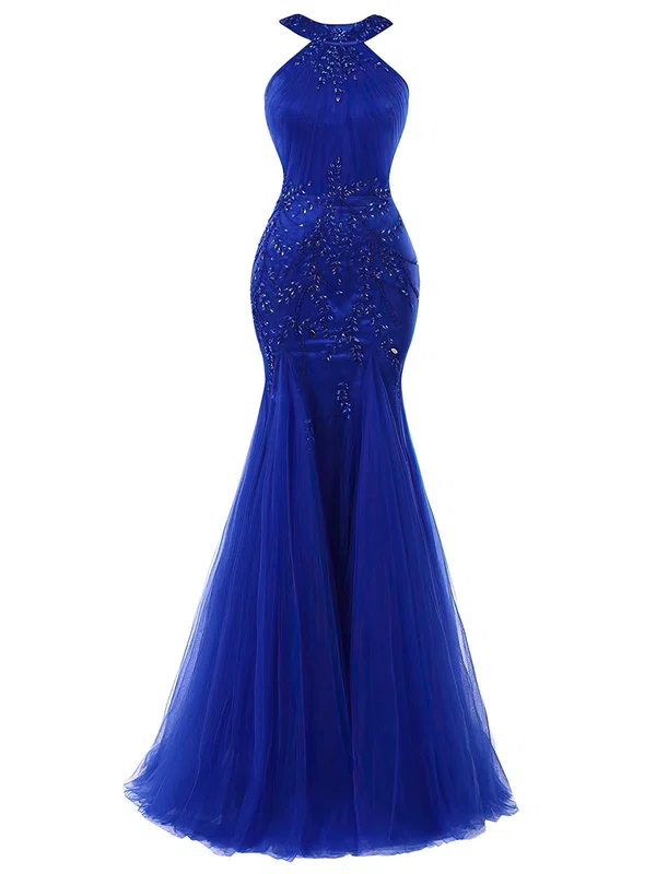 Trumpet/Mermaid Scoop Neck Tulle Floor-length Beading Royal Blue Women's Prom Dresses #Milly020102978