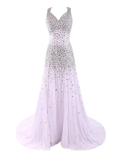 Sheath/Column V-neck Tulle Cut Out Beaded Prom Dresses #Milly020102985