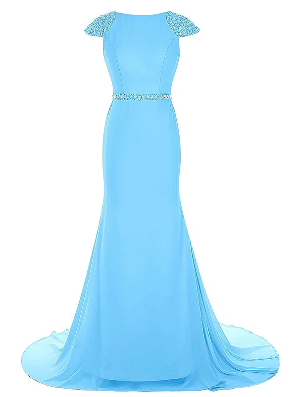 Top Trumpet/Mermaid Scoop Neck Chiffon Sweep Train Beading Cap Straps Backless Prom Dresses #Milly020102989