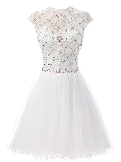 White A-line High Neck Tulle Cut Out Prom Dresses With Beading #Milly020103010