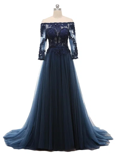Ball Gown Off-the-shoulder Long Sleeves Tulle Prom Dresses With Appliques #Milly020103020