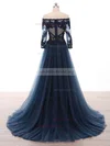 Modest A-line Off-the-shoulder Tulle Sweep Train Appliques Lace Dark Navy Long Sleeve Prom Dresses #Milly020103020