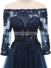 Modest A-line Off-the-shoulder Tulle Sweep Train Appliques Lace Dark Navy Long Sleeve Prom Dresses #Milly020103020