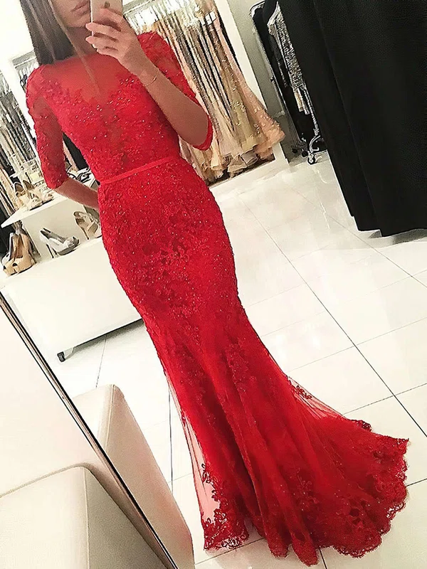 Trumpet/Mermaid Sweep Train Scoop Neck Tulle 1/2 Sleeves Appliques Lace Prom Dresses #Milly020103022