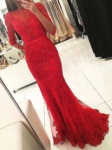 Red Mermaid Illusion Backless Tulle Prom Dresses With Appliques #Milly020103022