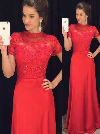 Sheath/Column High Neck Chiffon Floor-length Appliques Lace Prom Dresses #Milly020103023