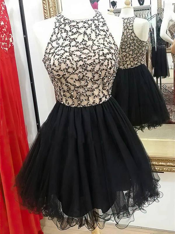A-line Scoop Neck Tulle Short/Mini Beading Black Glamorous Prom Dresses #Milly020103024