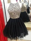 A-line Scoop Neck Tulle Short/Mini Beading Black Glamorous Short Prom Dresses #Milly020103024