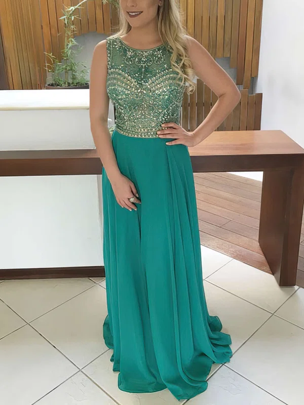 A-line Scoop Neck Chiffon Floor-length Beading Prom Dresses #Milly020103027