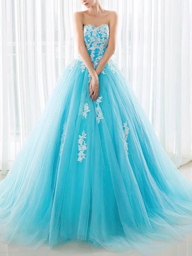 Ball Gown Sweetheart Tulle Sweep Train Appliques Lace Lace-up Beautiful Prom Dresses #Milly020103029