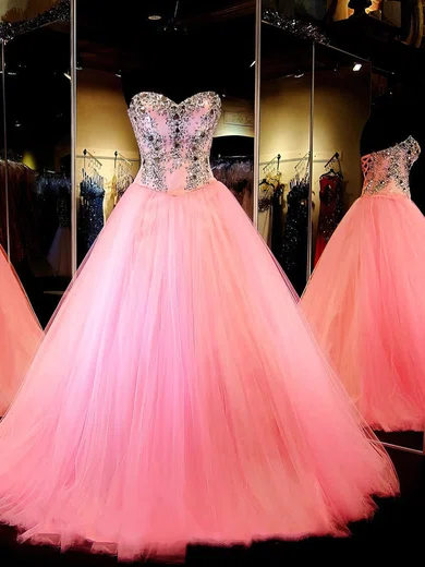 Ball Gown Strapless Floor-length Tulle Prom Dresses With Beading #Milly020103032