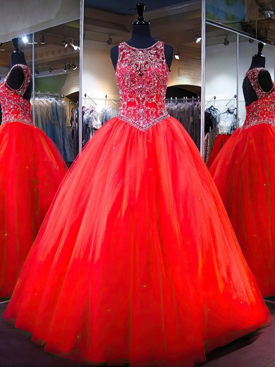 Fabulous Ball Gown Scoop Neck Tulle Sweep Train Sequins Red Open Back Prom Dresses #Milly020103033