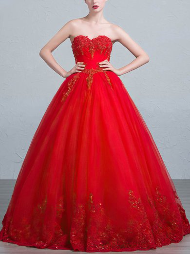 Classy Ball Gown Sweetheart Tulle Floor-length Appliques Lace Red Prom Dresses #Milly020103038