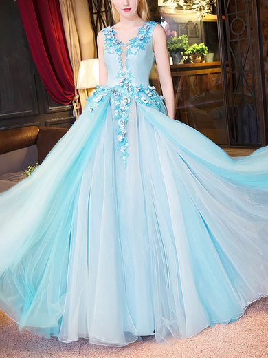 Ball Gown Scoop Neck Tulle Floor-length Appliques Lace Newest Prom Dresses #Milly020103040
