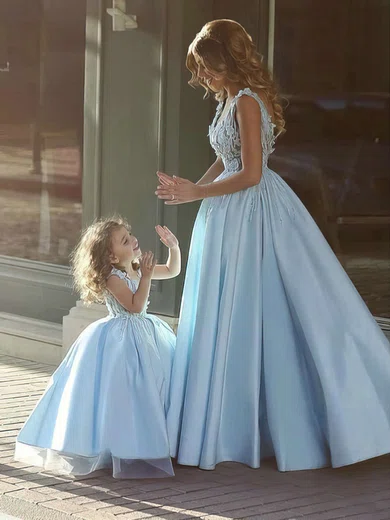 Ball Gown V-neck Satin Floor-length Appliques Lace Latest Prom Dresses #Milly020103041