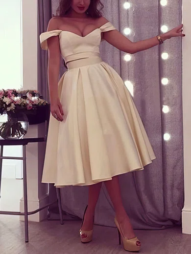 Off-The-Shoulder Satin Tea-length Skater Homecoming Dresses #Milly020103042