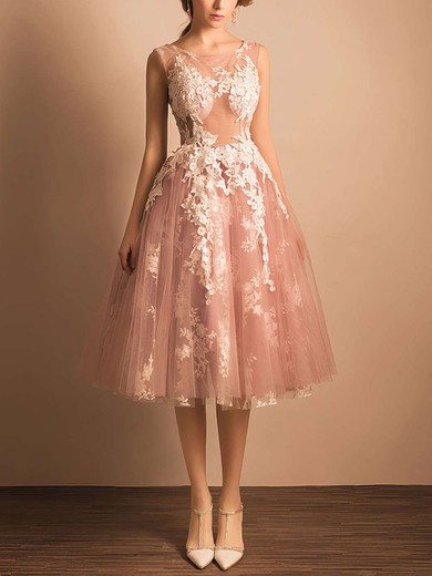 Ball Gown Scoop Neck Tulle Tea-length Appliques Lace Short Prom Dresses #Milly020103045