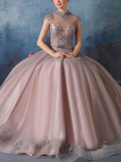 Elegant Ball Gown High Neck Tulle Floor-length Appliques Lace Open Back Prom Dresses #Milly020103049