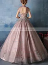 Elegant Ball Gown High Neck Tulle Floor-length Appliques Lace Open Back Prom Dresses #Milly020103049