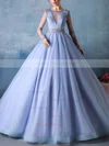 Ball Gown Scoop Neck Tulle Sweep Train Appliques Lace Long Sleeve Backless Modest Prom Dresses #Milly020103050