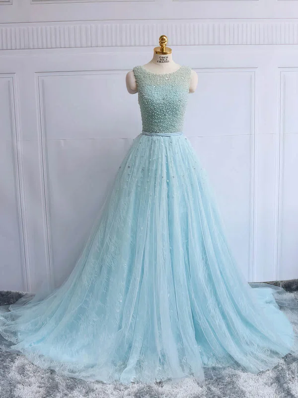 Fashion Ball Gown Scoop Neck Lace Tulle Court Train Pearl Detailing Backless Prom Dresses #Milly020103051