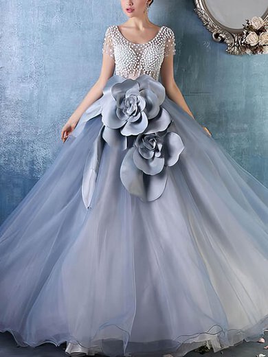 Beautiful Ball Gown Scoop Neck Tulle Floor-length Beading Short Sleeve Prom Dresses #Milly020103053