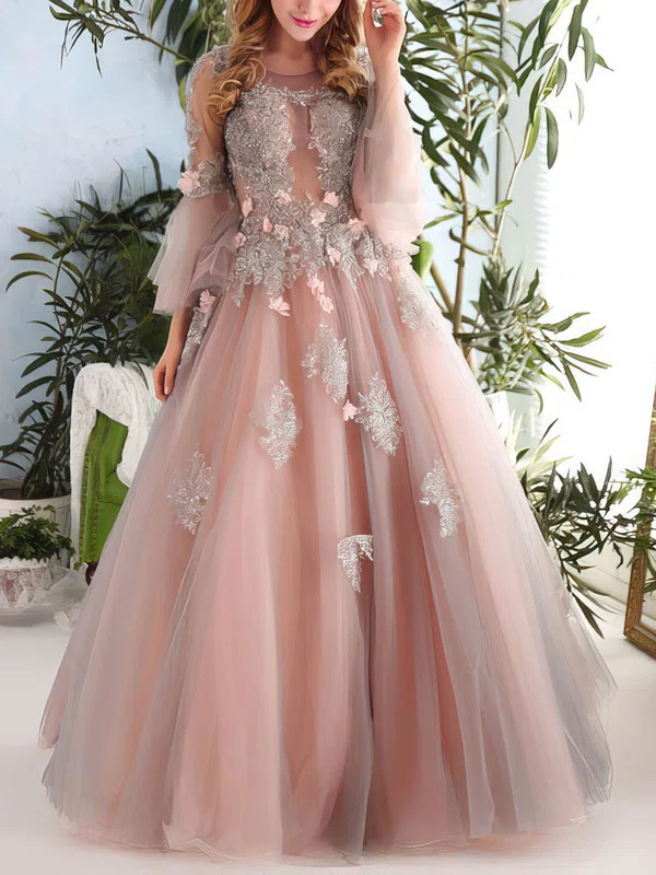 Ball Gown Scoop Neck Tulle Floor-length Appliques Lace Long Sleeve Pretty Prom Dresses #Milly020103054